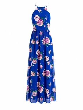 Everly Floral Royal Blue Lined Maxi Dress Medium